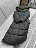 Moncler long puffer coat with hood, front zipper and quilted panels