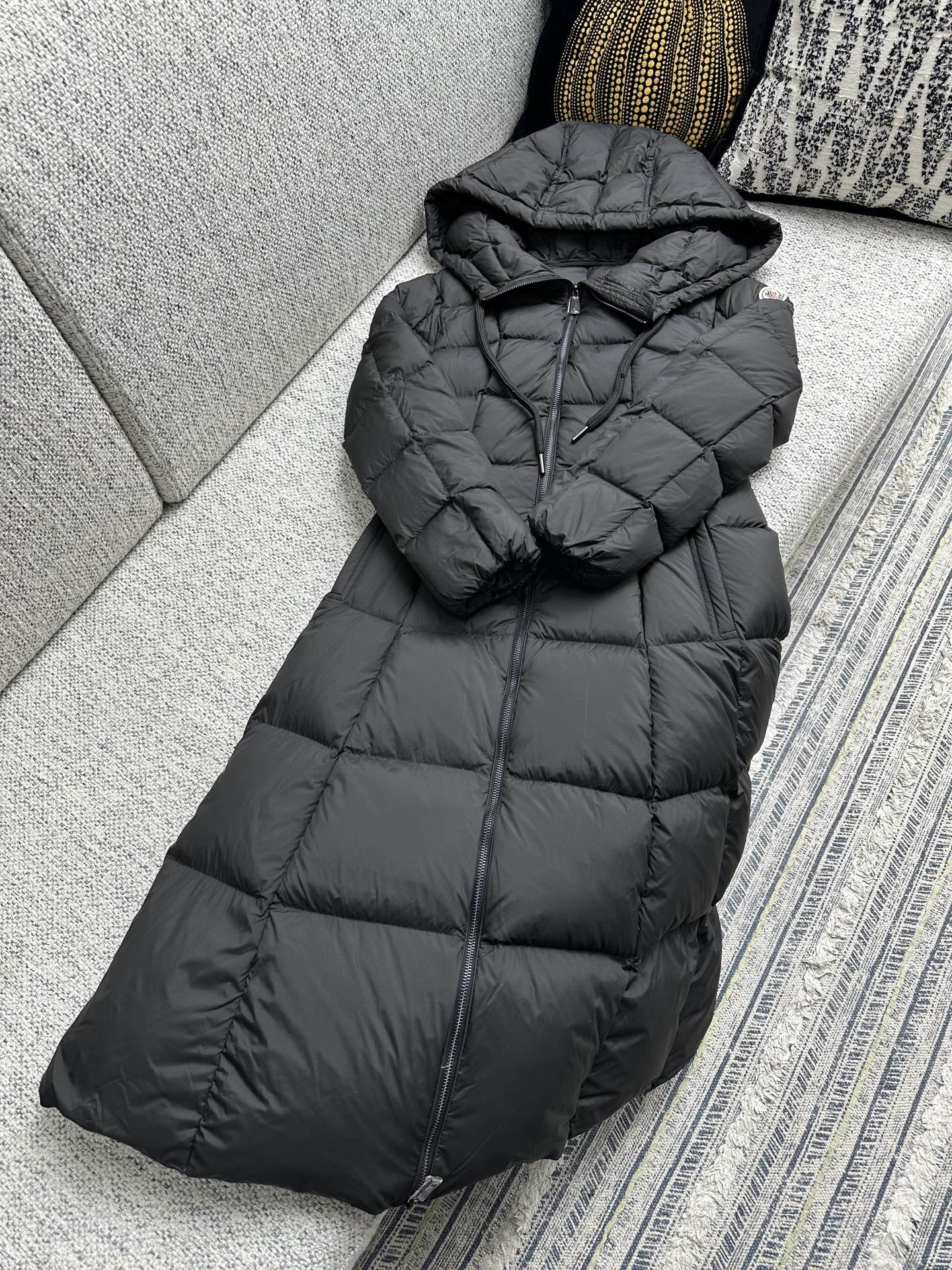 Moncler long puffer coat with hood, front zipper and quilted panels