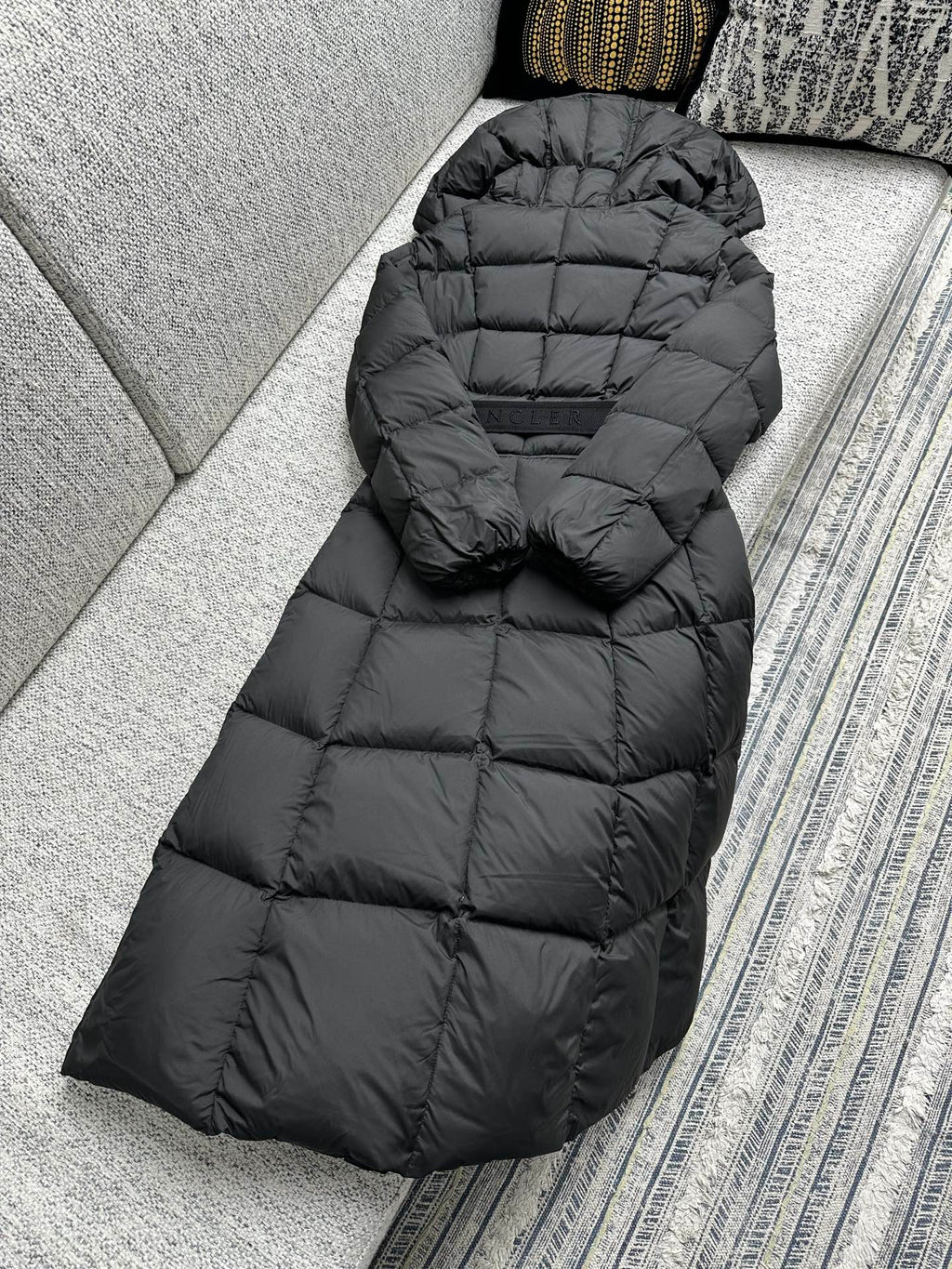 Moncler long puffer coat with hood, quilted back paneling