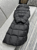 Moncler long puffer coat with hood, quilted back paneling