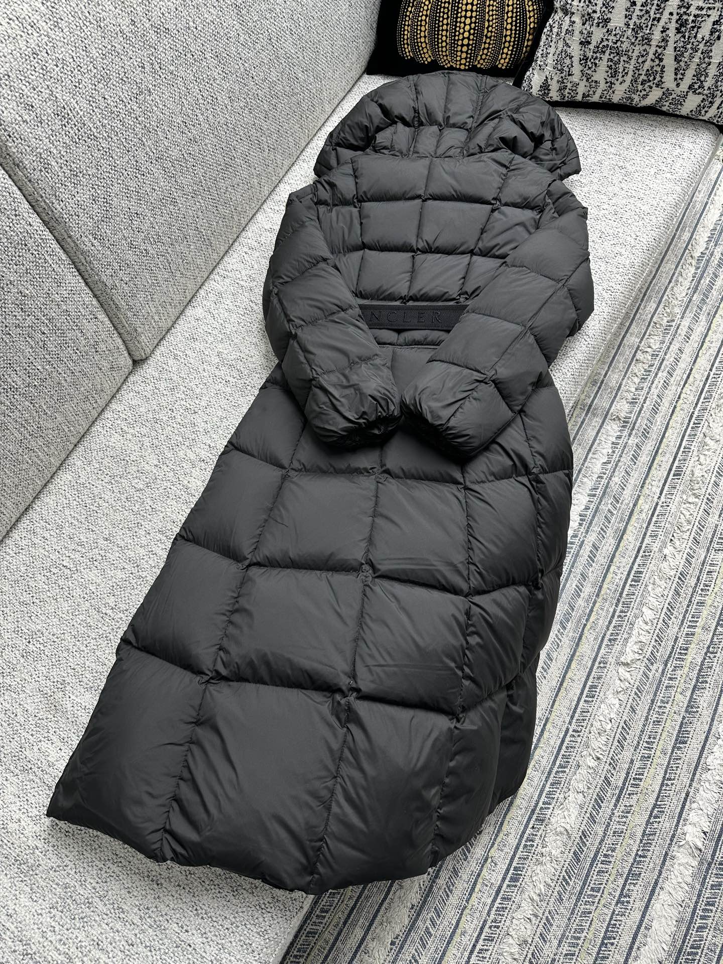 Moncler long puffer coat with hood, quilted back paneling