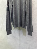 Gray heather knit sweater back view with ribbed cuffs and hem