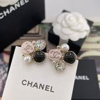 Chanel-style charm earrings on white card, faux pearls, pink enamel, clear rhinestones