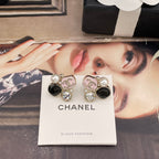 Chanel-style charm earrings on white card with faux pearls and clear rhinestone centers