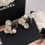 Chanel-style charm earrings, pink enamel and faux pearls with clear rhinestone details