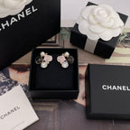 Chanel-style charm earrings with faux pearls and black glitter stones in gift box