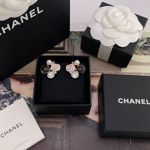 Chanel-style charm earrings with faux pearls and black glitter stones in gift box