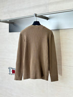 Tan ribbed knit cardigan back view with buttoned collar edge