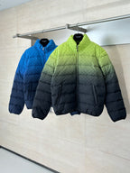 Puffer jackets on hangers: lime green and blue with full-zip fronts
