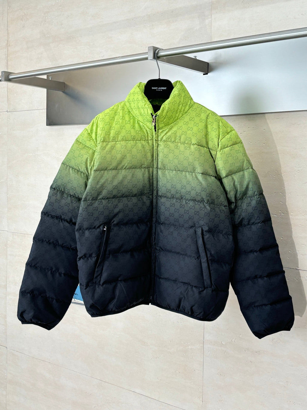 Gucci color-block puffer jacket, lime green and dark, full-zip front