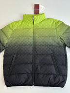 Color-block puffer jacket on hanger, lime green top and dark bottom, full-zip