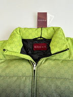 Puffer jacket interior view with Gucci label and contrast lining
