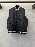 Sleeveless dark jacket with striped ribbed collar and Prada logo patch