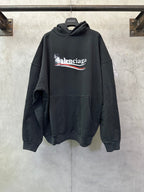 Balenciaga hoodie in dark black, front logo graphic, kangaroo pocket, hood
