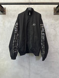 Balenciaga long black bomber jacket, high collar, front zip, logo patch, printed sleeve panels