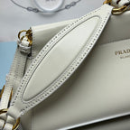 Prada white leather crossbody strap with perforated edge stitching and gold rings