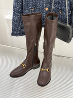 Pair of Gucci ladies knee-high leather boots, dark brown, gold buckle and zip accents