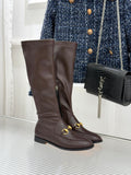 Gucci ladies knee-high leather boots in dark brown with gold hardware detail