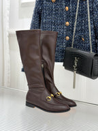 Gucci ladies knee-high leather boots in dark brown with gold hardware detail