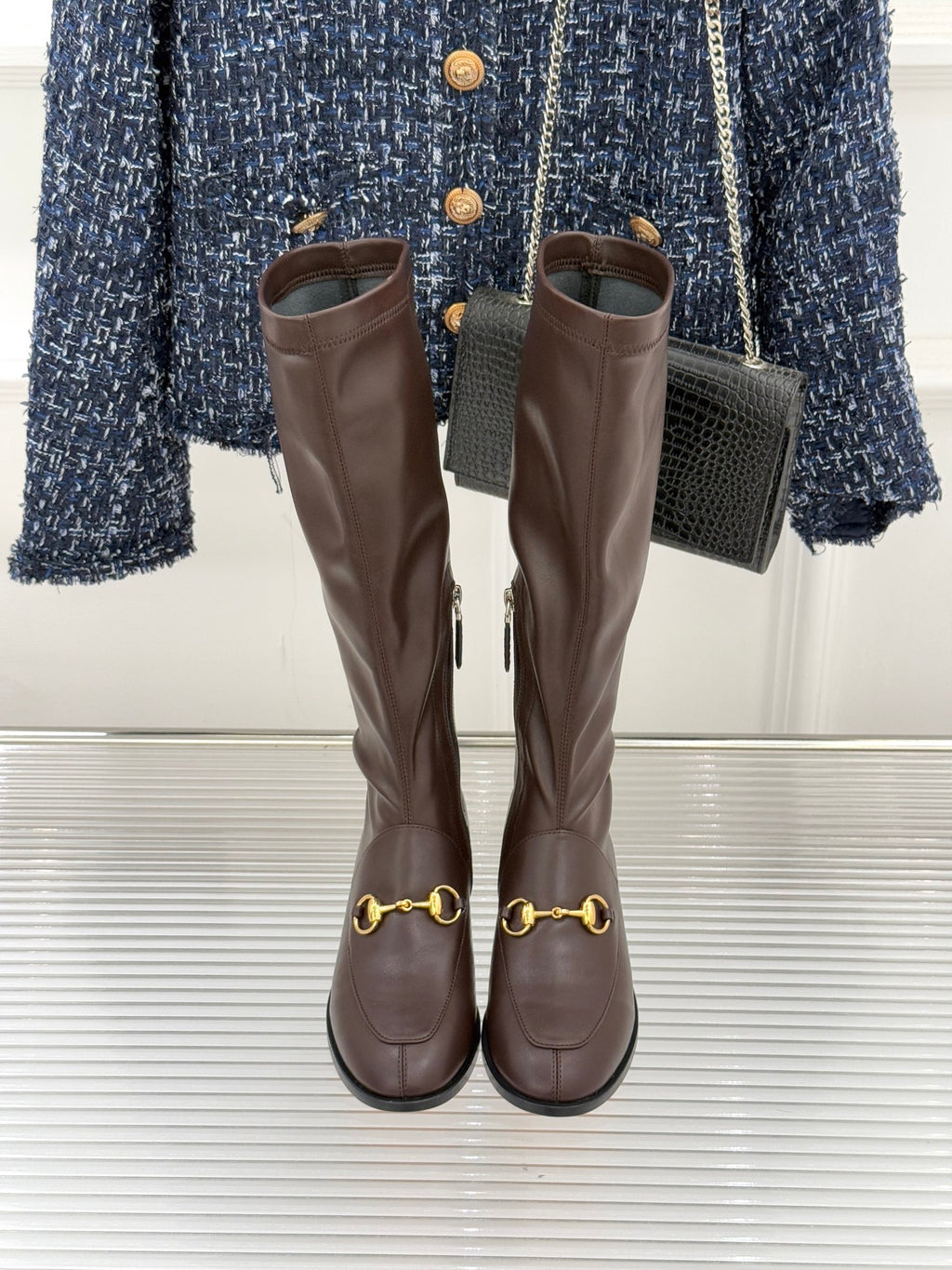 Gucci ladies knee-high leather boots, dark brown, side-by-side view