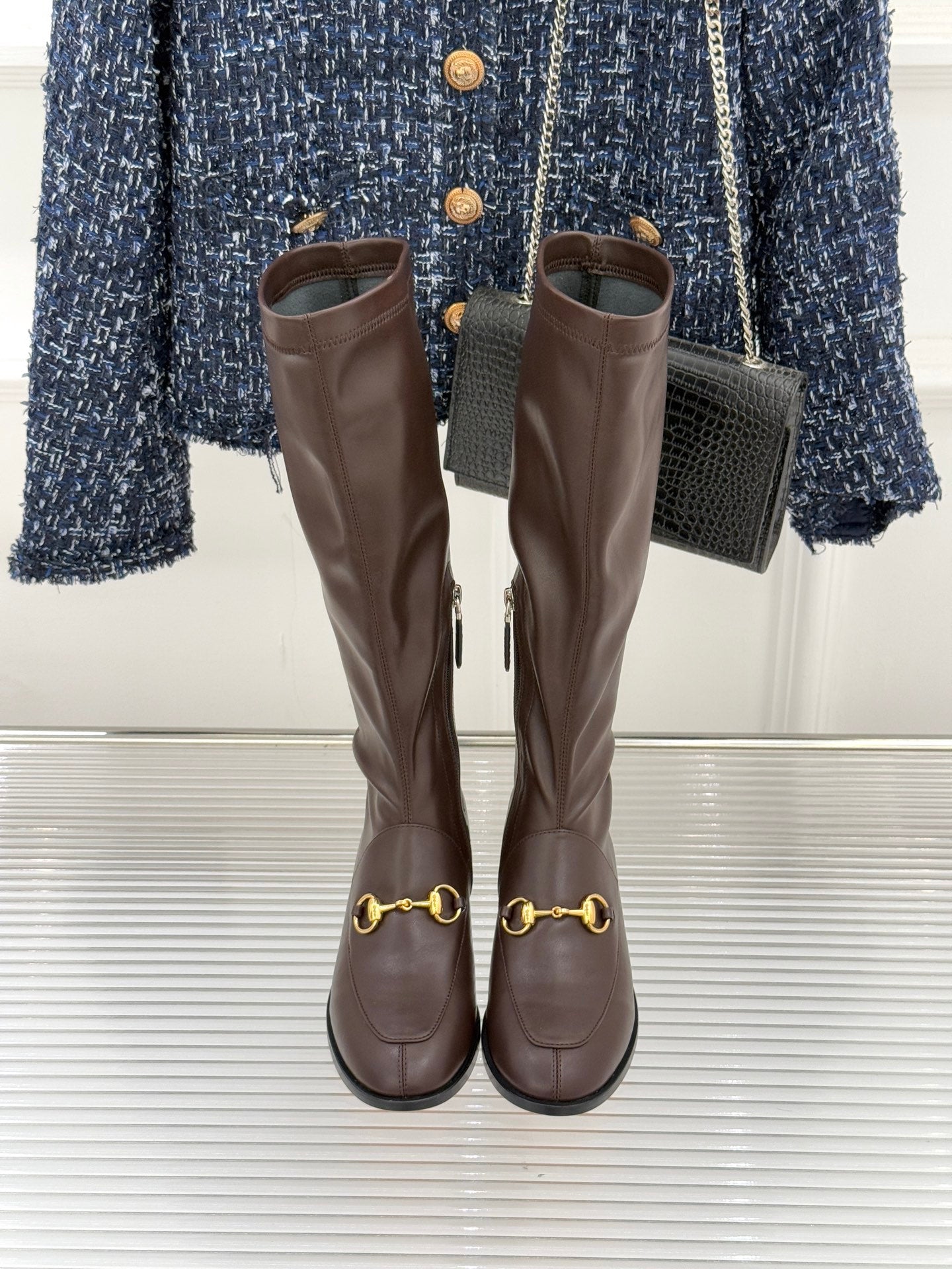Gucci ladies knee-high leather boots, dark brown, side-by-side view