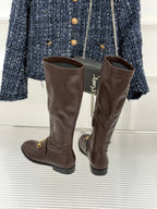 Gucci ladies knee-high leather boots, dark brown, back view with gold trim hardware