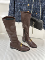 Gucci ladies knee-high leather boots, dark brown, front view with gold-tone hardware
