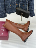Gucci ladies knee-high leather boots in tan/brown with side zipper and stacked heel
