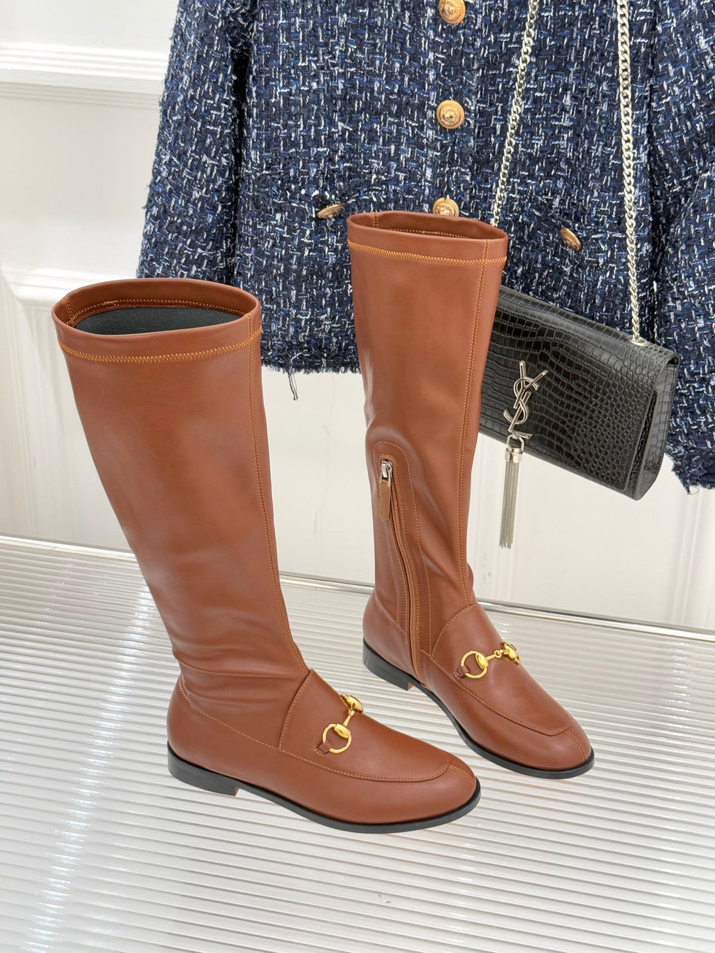 Gucci ladies knee-high leather boots, tan/brown, side zipper and gold-tone horsebit detail