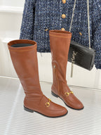 Gucci ladies knee-high leather boots, tan/brown, side zipper and gold-tone horsebit detail