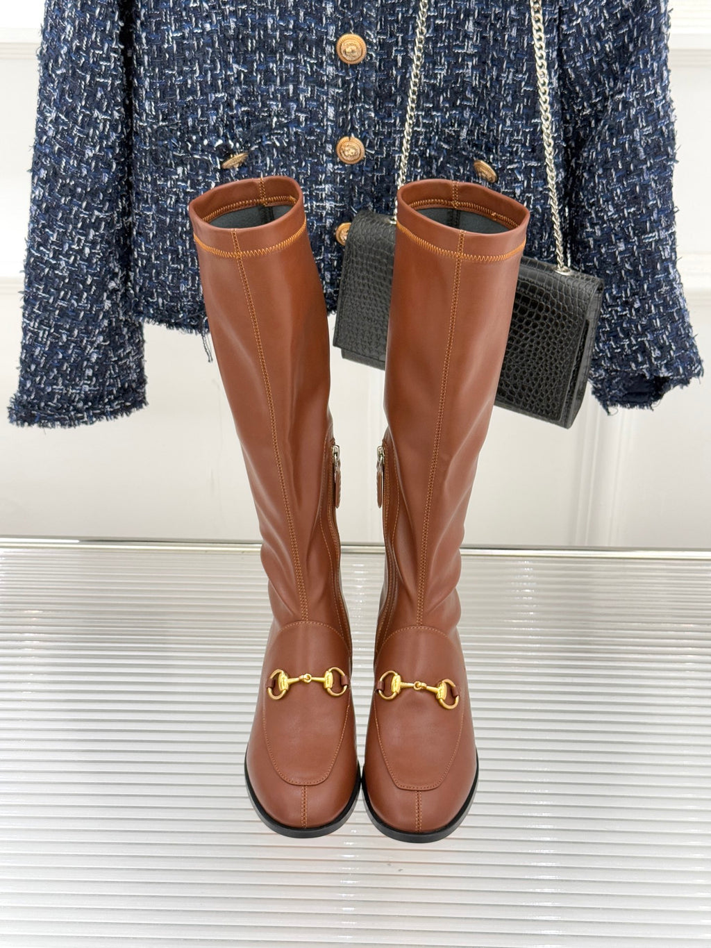 Gucci ladies pair of knee-high leather boots in tan/brown with gold-tone horsebit accents