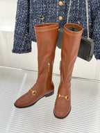 Gucci ladies knee-high leather boots in tan/brown with gold-tone chain buckle accents
