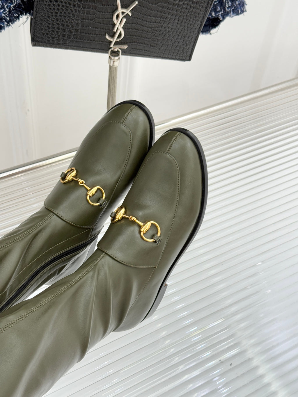 Gucci ladies olive leather boot upper with gold horsebit buckle hardware