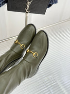 Gucci ladies olive leather boot upper with gold horsebit buckle hardware