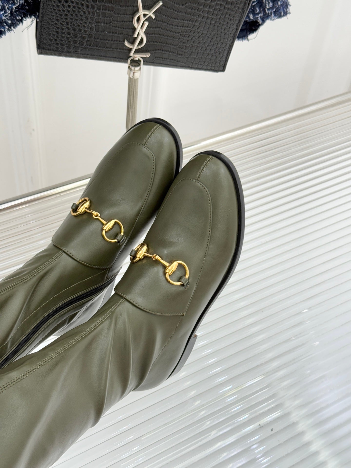 Gucci ladies olive leather boot upper with gold horsebit buckle hardware