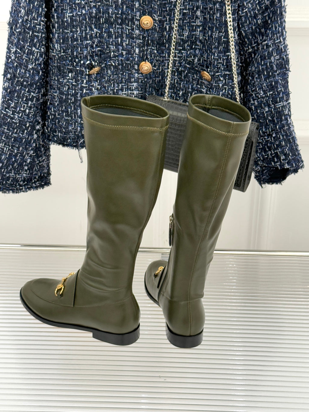 Gucci ladies olive leather tall boots with gold horsebit buckle and side zip
