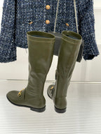 Gucci ladies olive leather tall boots with gold horsebit buckle and side zip