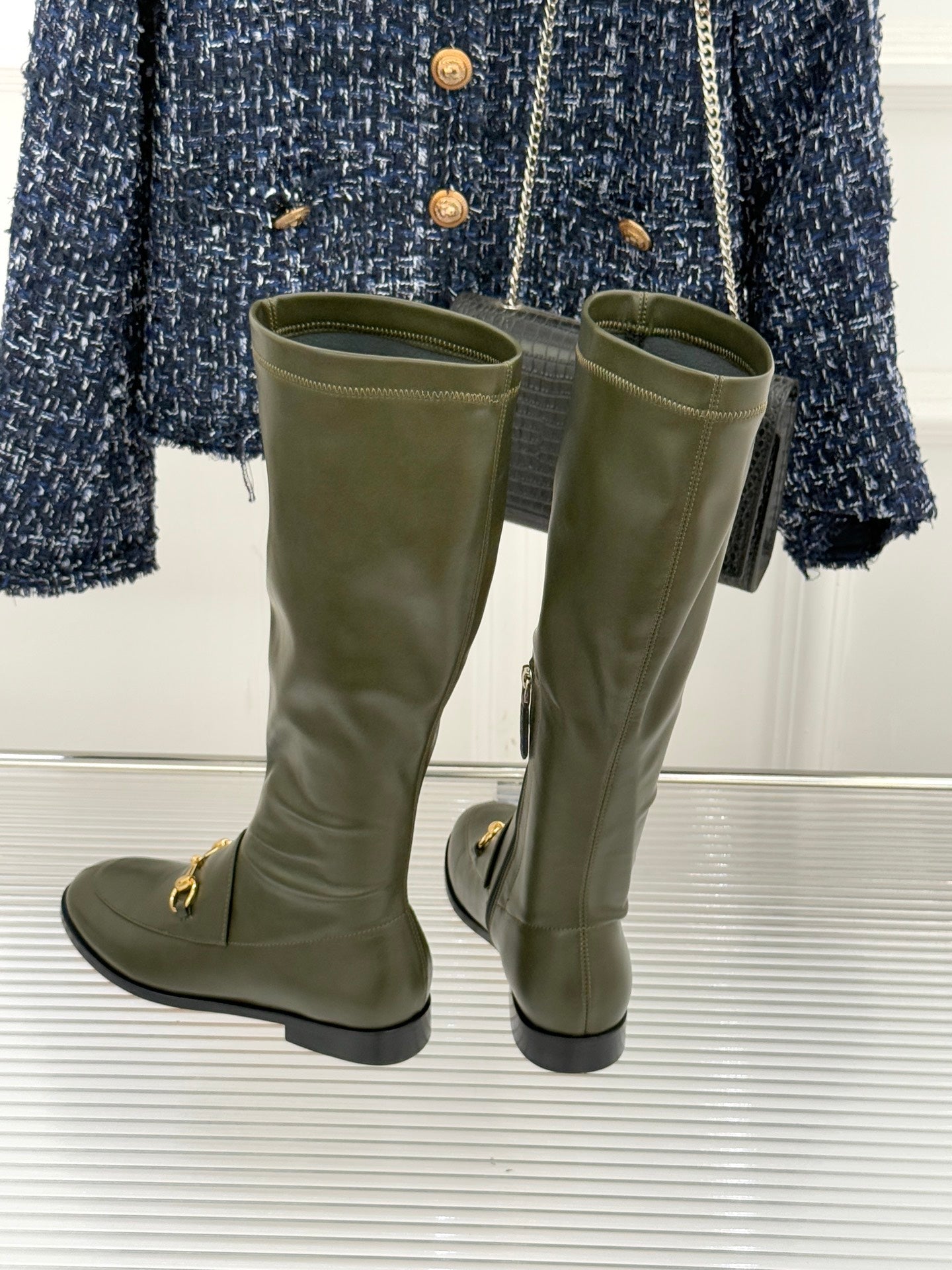 Gucci ladies olive leather tall boots with gold horsebit buckle and side zip