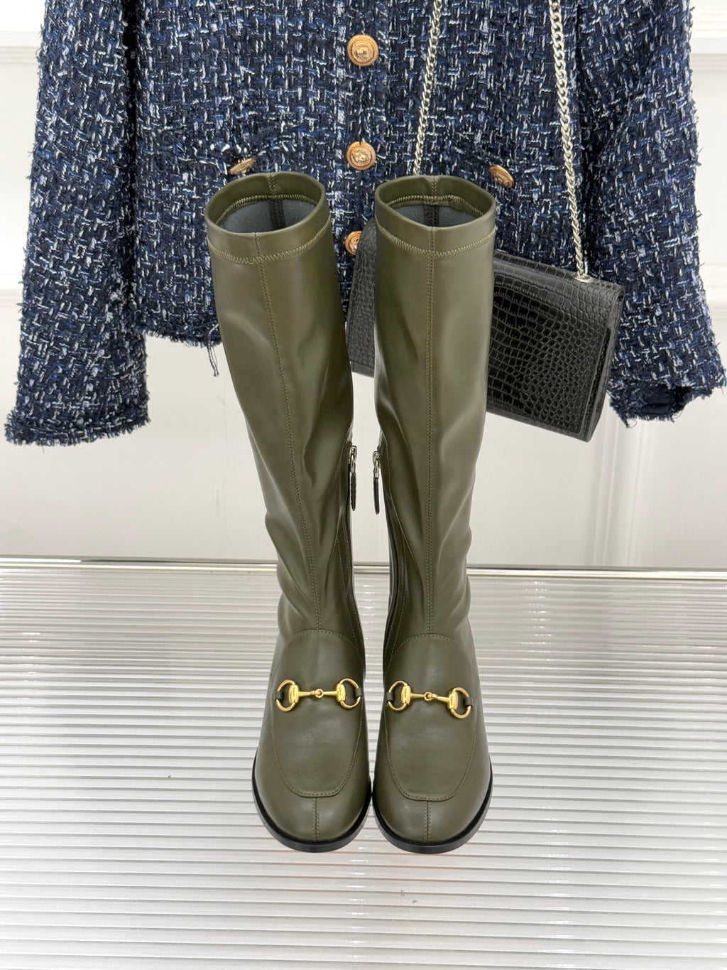 Gucci ladies olive leather tall boots with gold horsebit buckle detail