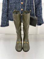 Gucci ladies olive leather tall boots with gold horsebit buckle detail