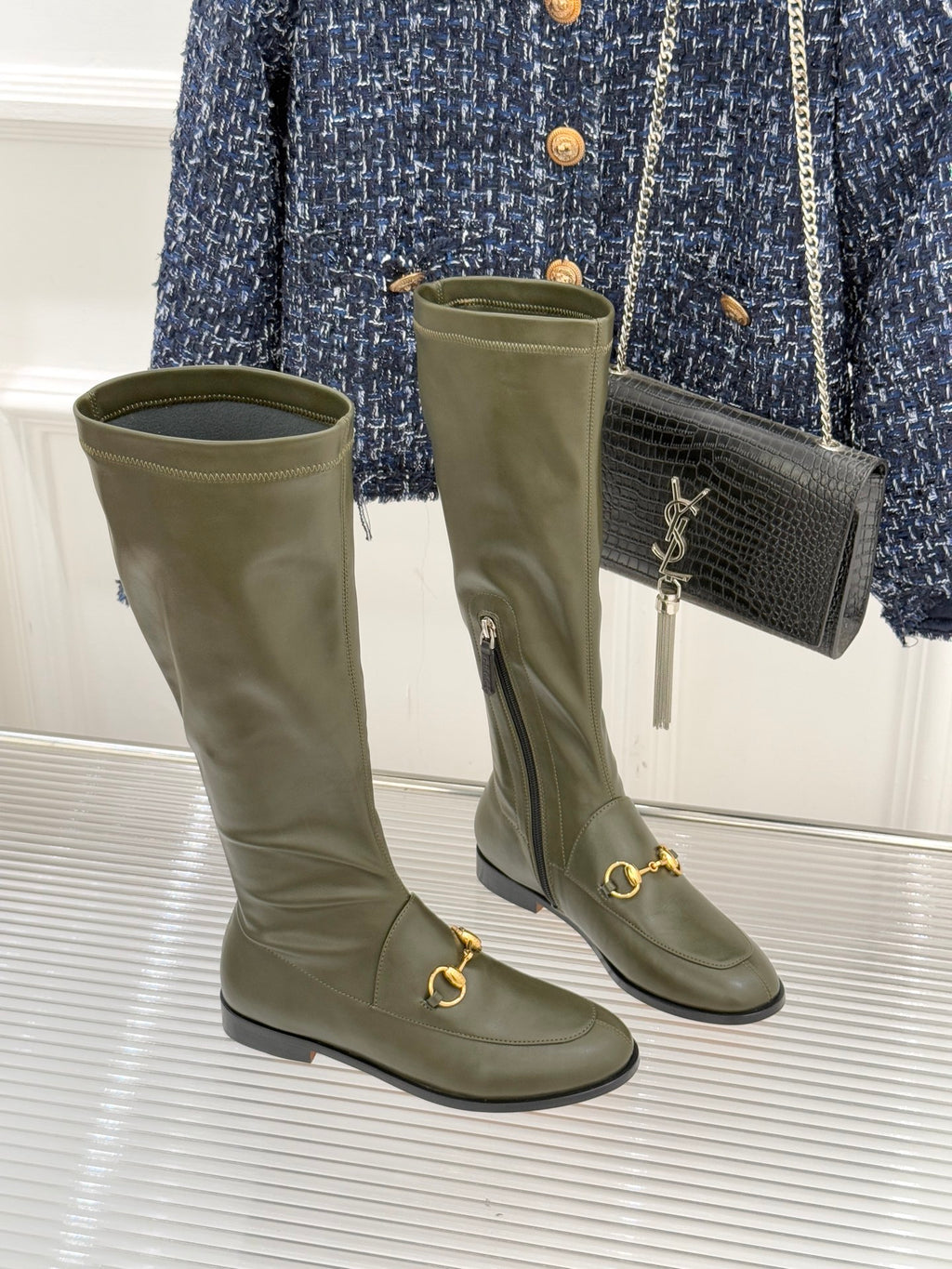 Gucci ladies olive leather mid-calf boots with gold horsebit hardware and zip