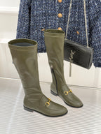 Gucci ladies olive leather mid-calf boots with gold horsebit hardware and zip