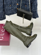 Gucci ladies olive leather knee boots with gold horsebit detail and low heel