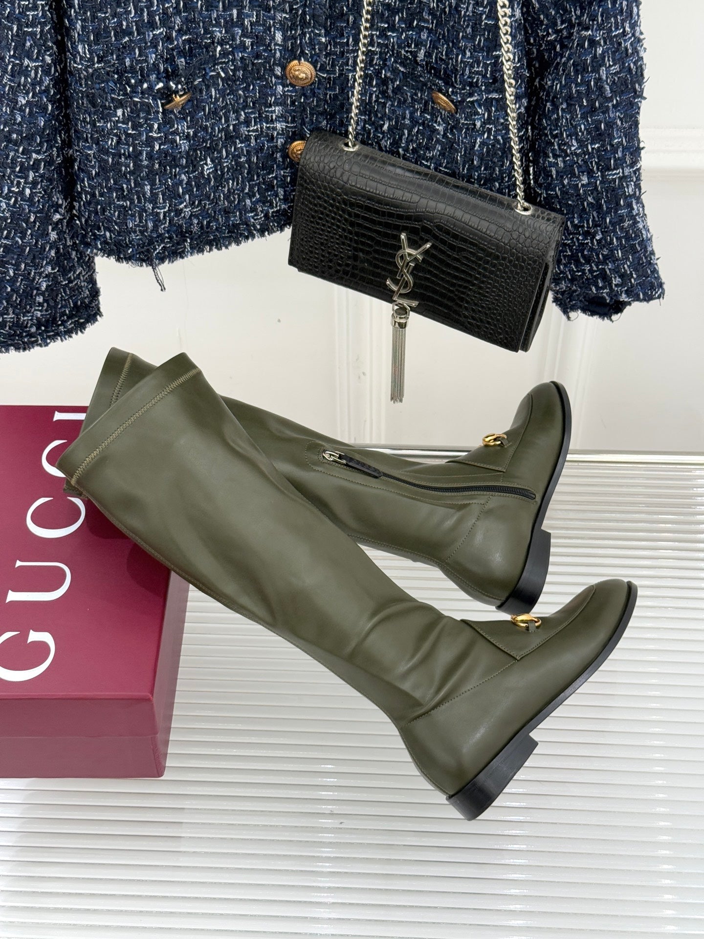 Gucci ladies olive leather knee boots with gold horsebit detail and low heel