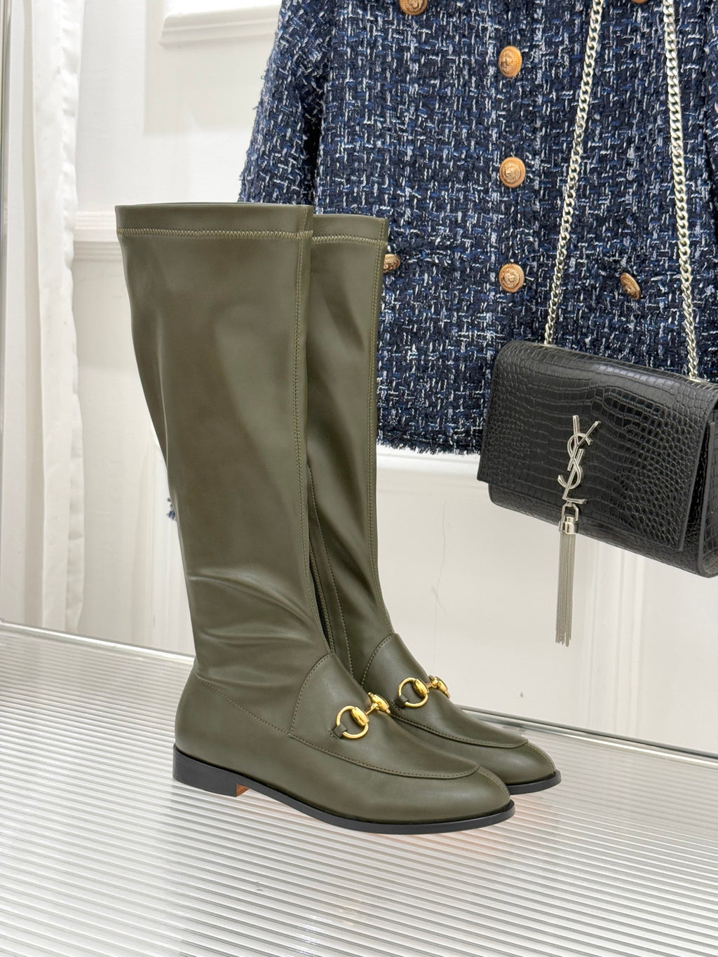 Gucci ladies olive leather knee boots with gold horsebit strap detail