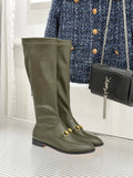 Gucci ladies olive leather knee boots with gold horsebit strap detail