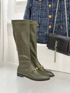 Gucci ladies olive leather knee boots with gold horsebit strap detail