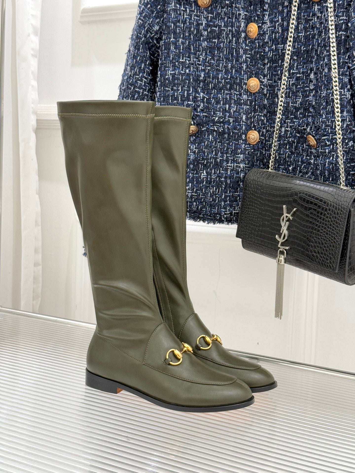 Gucci ladies olive leather knee boots with gold horsebit strap detail