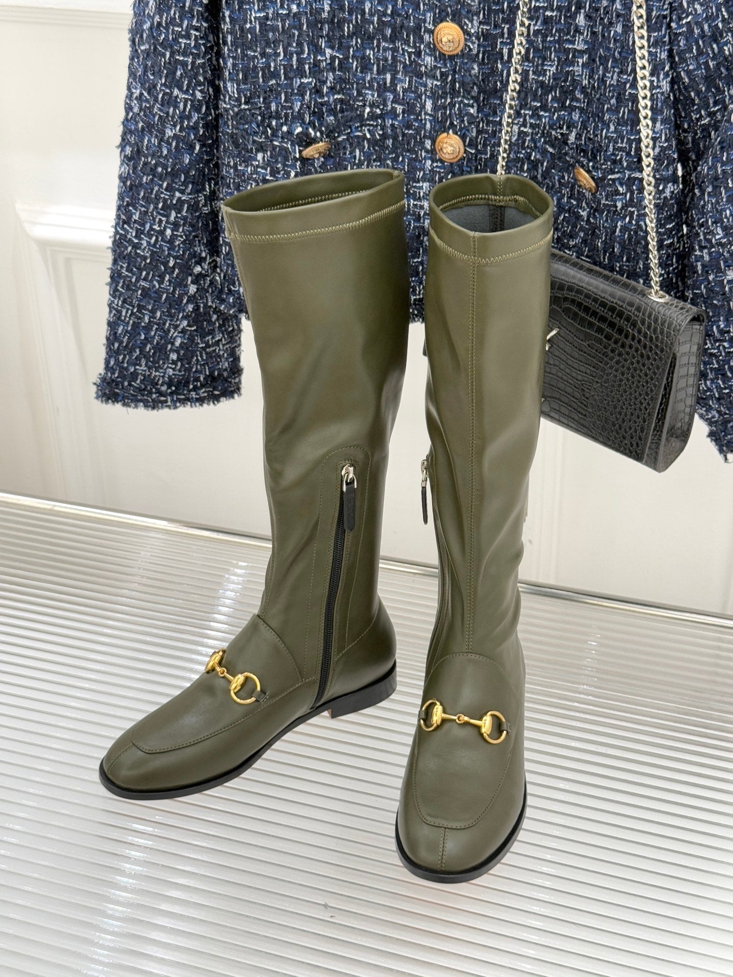 Gucci ladies olive leather tall boots with gold horsebit and side zip