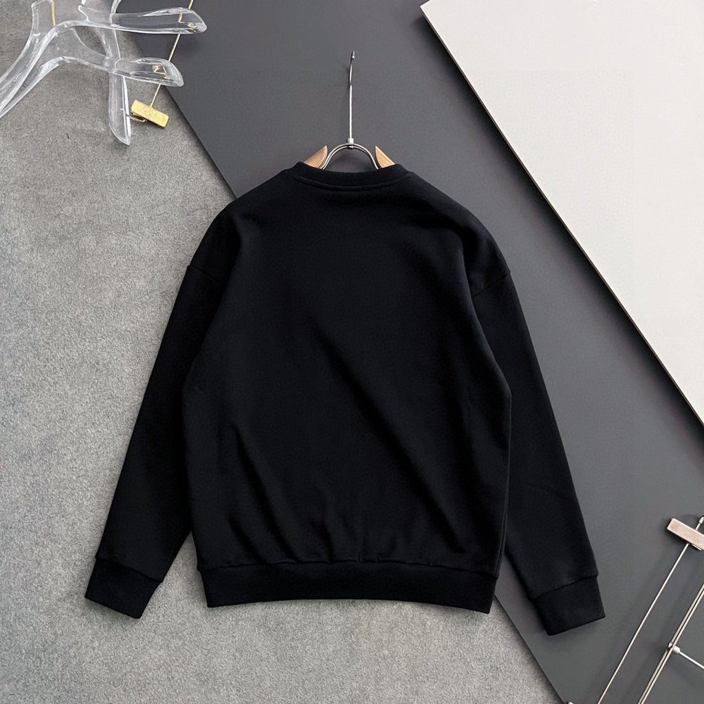Black crewneck sweatshirt back view with ribbed collar and cuffs
